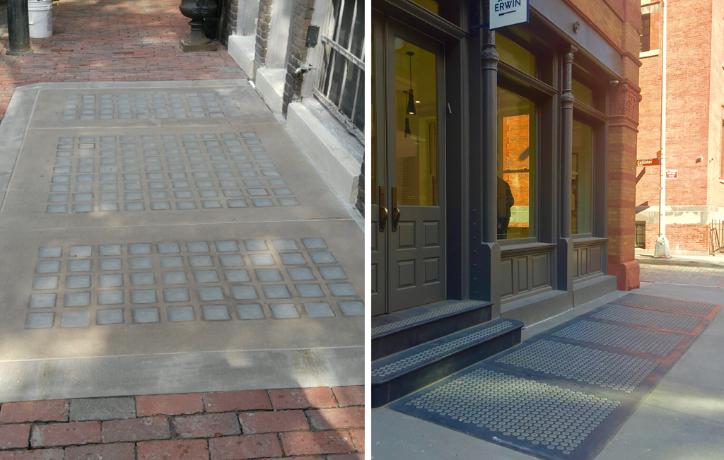 Two photos of vaulted sidewalk lights: concrete and cast iron.