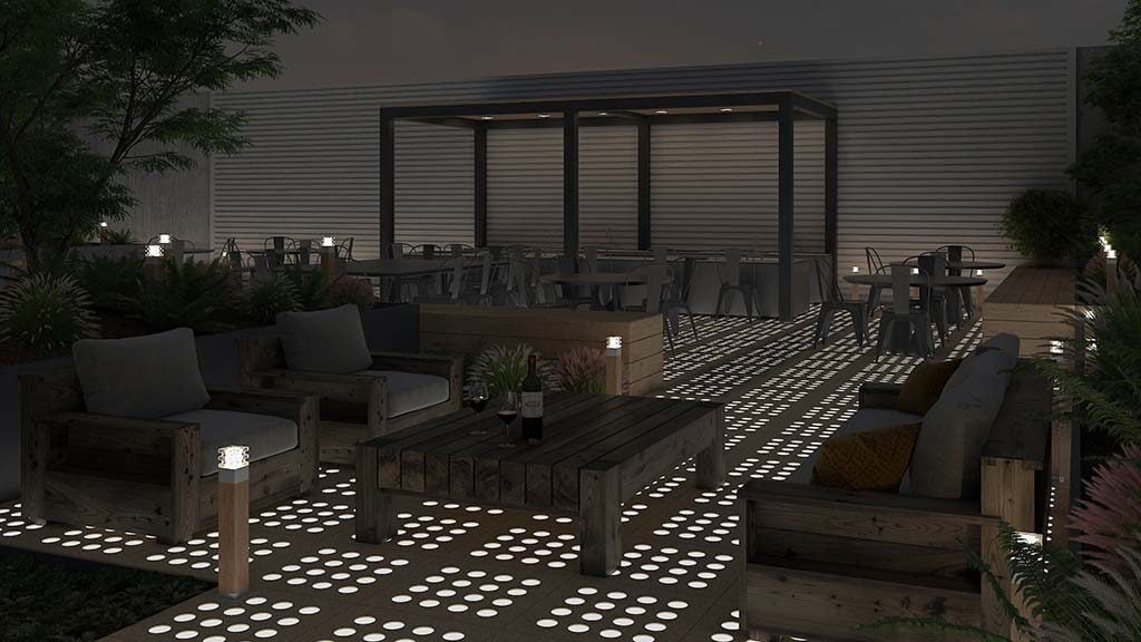 nightime view of lumex led paver lights glowing on a rooftop