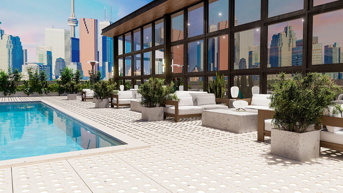 paver lights around pool area rooftop deck ideas