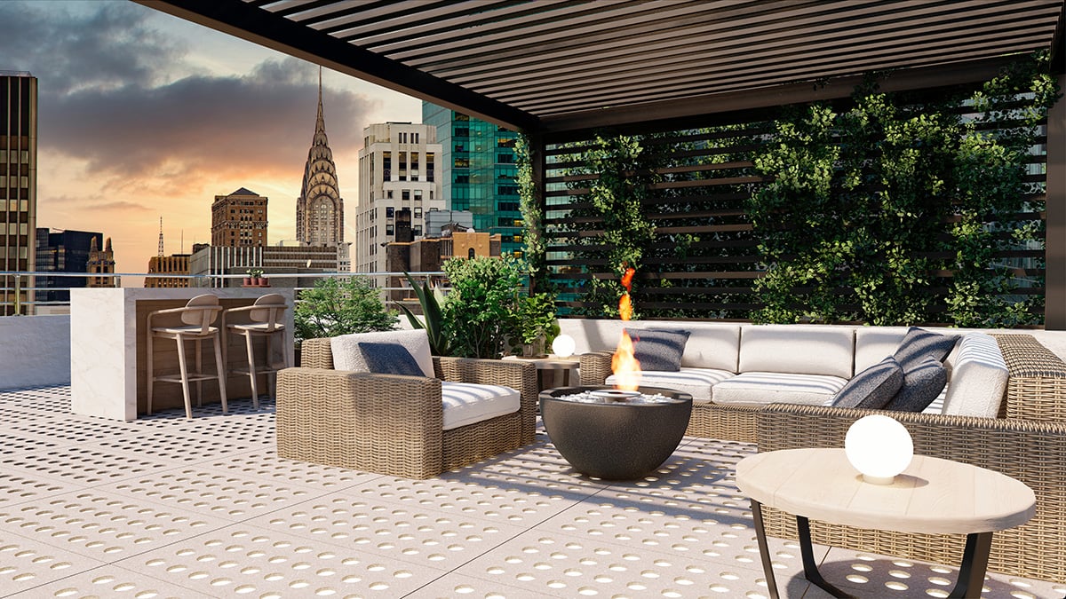 LED pavers lighted as part of a rooftop deck design